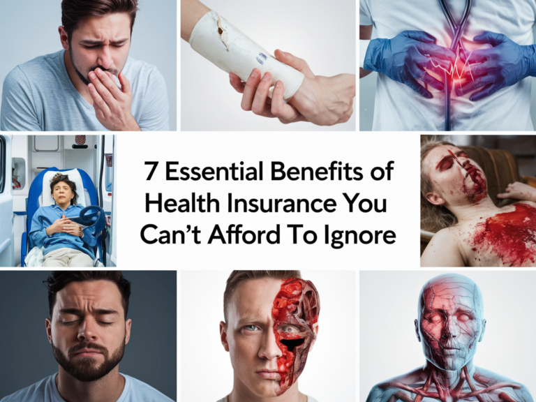 "Infographic illustrating the 7 essential benefits of health insurance, highlighting financial protection, access to quality care, and preventive services."