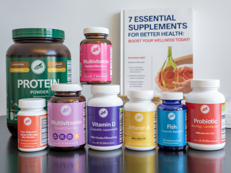 "An array of dietary supplements including vitamins, minerals, and herbal products arranged on a wooden table, symbolizing health and wellness."