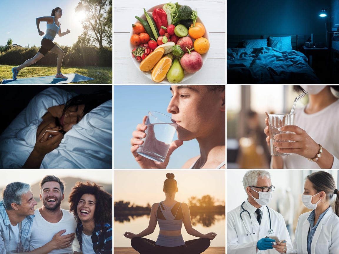 "Infographic illustrating the 7 key components of a healthy lifestyle: balanced nutrition, regular exercise, mental well-being, quality sleep, hydration, social connections, and stress management."