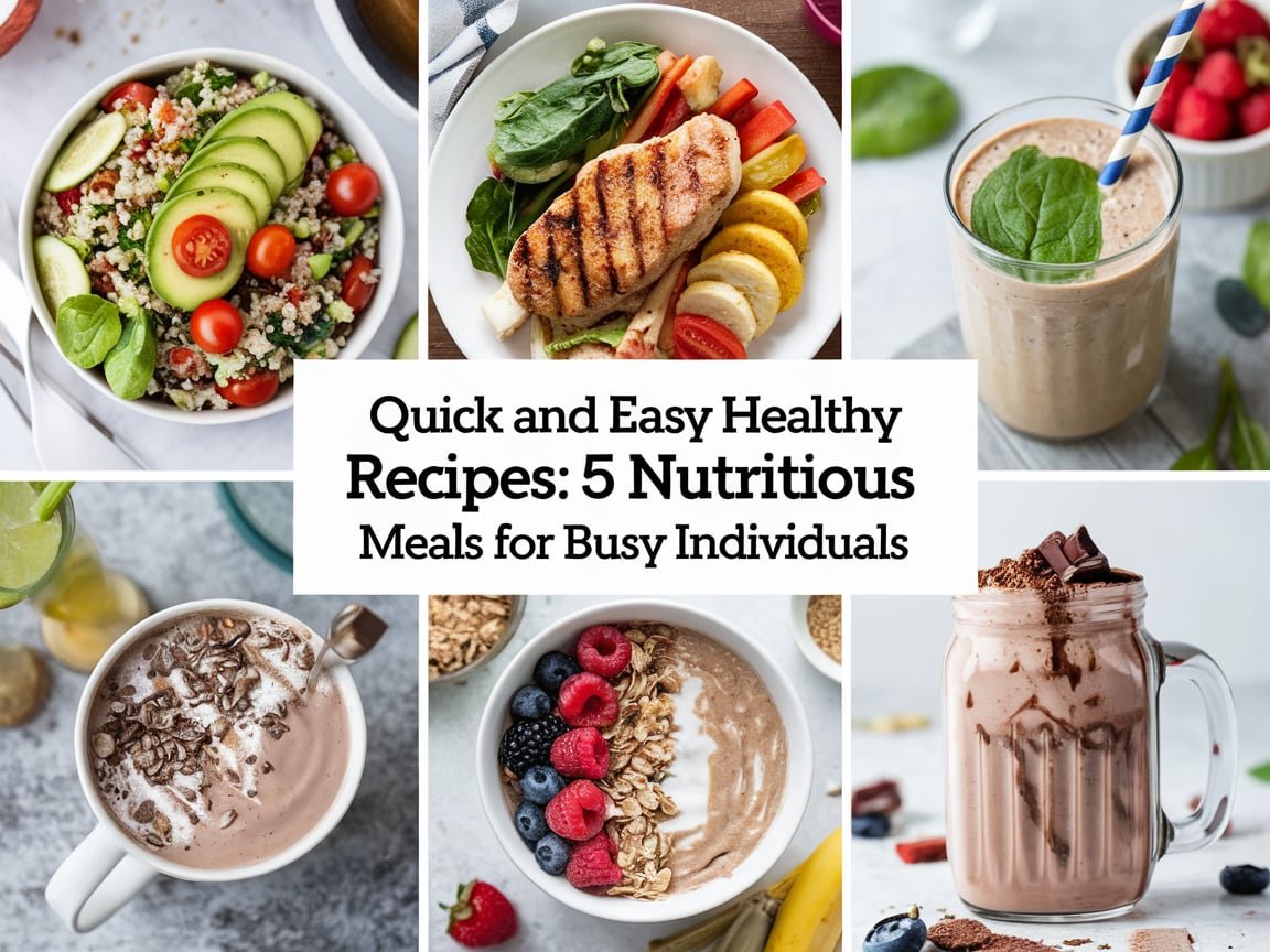 "Delicious spread of quick and easy healthy recipes, including overnight oats, quinoa salad, and smoothie bowls, perfect for busy individuals."