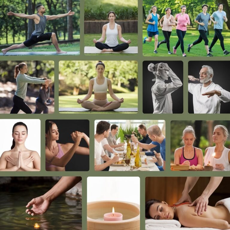 "Healthy lifestyle tips: a woman practicing yoga outdoors with fresh fruits and vegetables in the background, symbolizing physical, mental, and nutritional wellness."