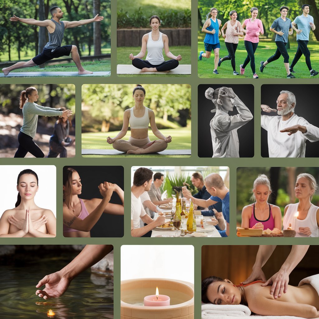 "Healthy lifestyle tips: a woman practicing yoga outdoors with fresh fruits and vegetables in the background, symbolizing physical, mental, and nutritional wellness."