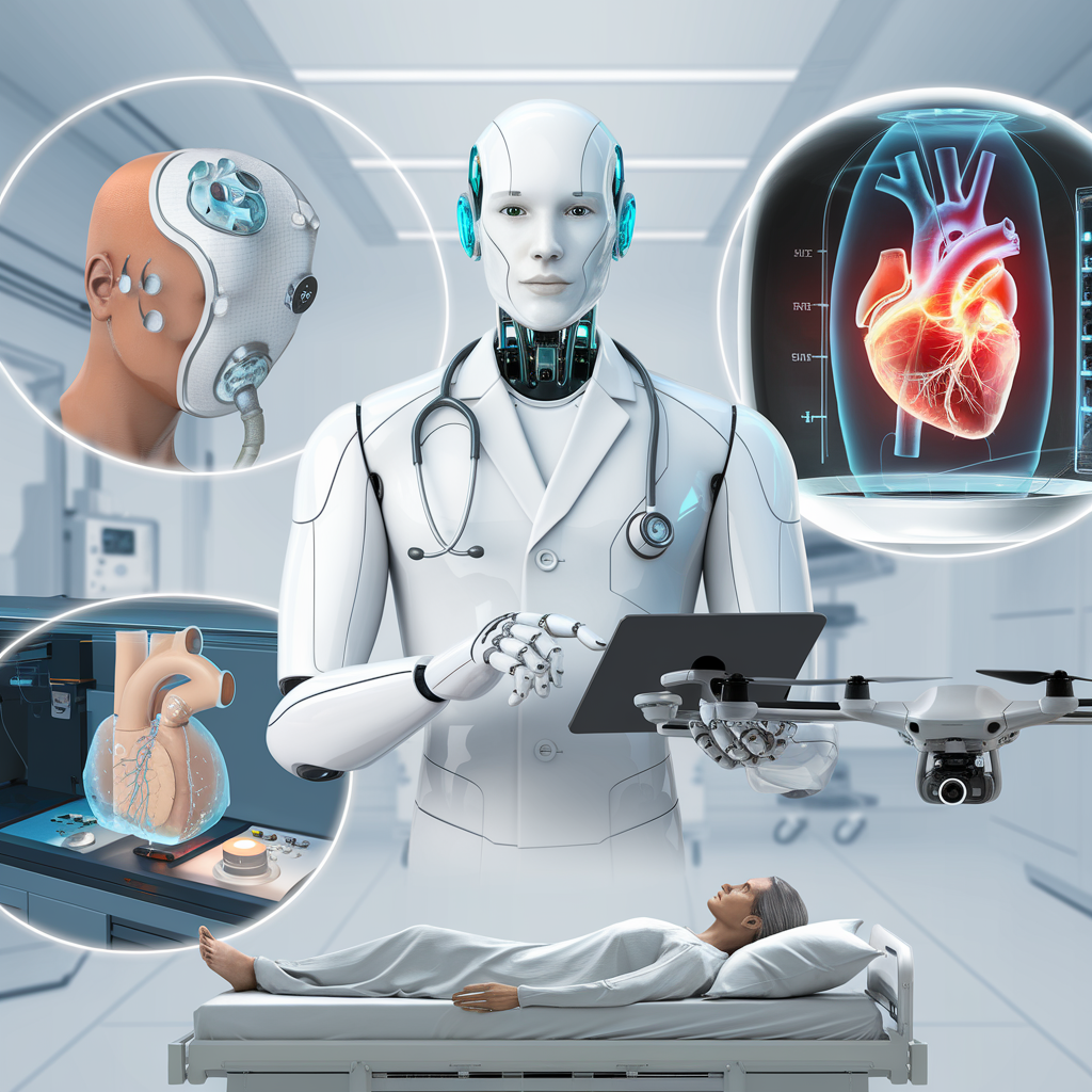 A collection of health science technologies, including wearable devices, robotic surgery equipment, and AI diagnostics, illustrating the future of healthcare innovation.