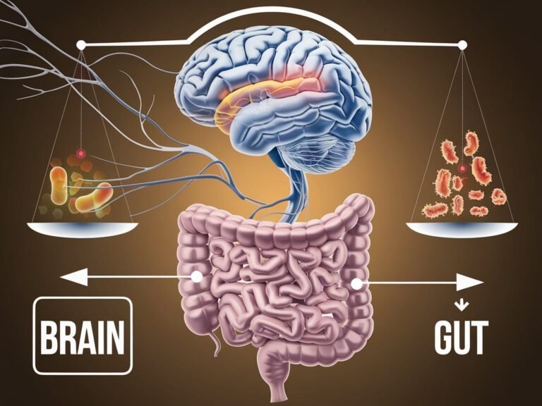 "Illustration of the brain with a visual connection to the gut, symbolizing the gut-brain connection and how diet affects mental health."