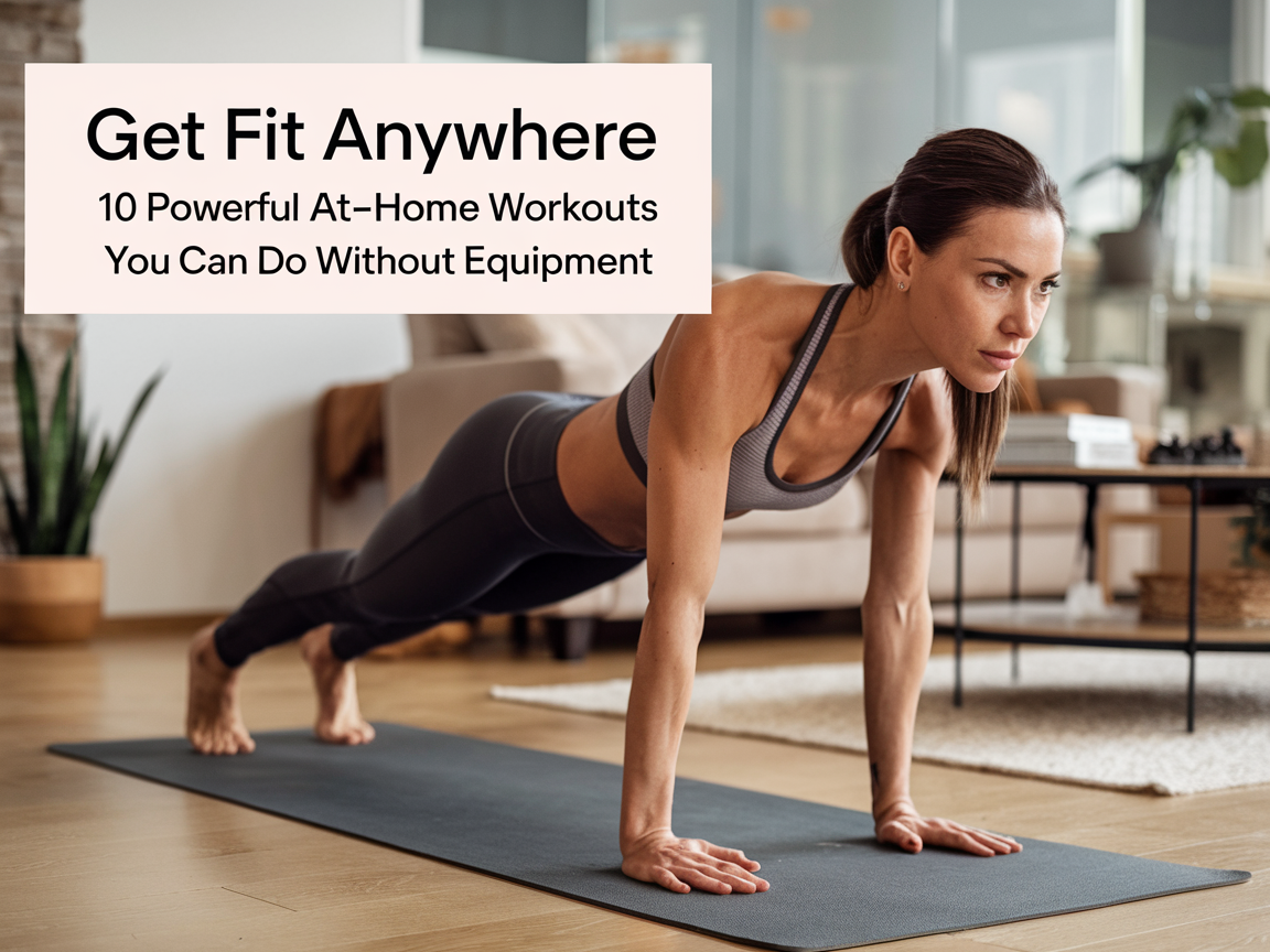 "A person performing a push-up as part of an at-home workout routine with no equipment."