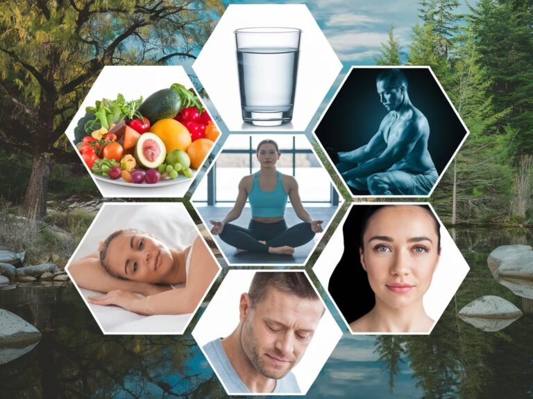 An illustration of the seven components of a healthy lifestyle, including nutrition, exercise, sleep, mental health, stress management, relationships, and preventive healthcare.