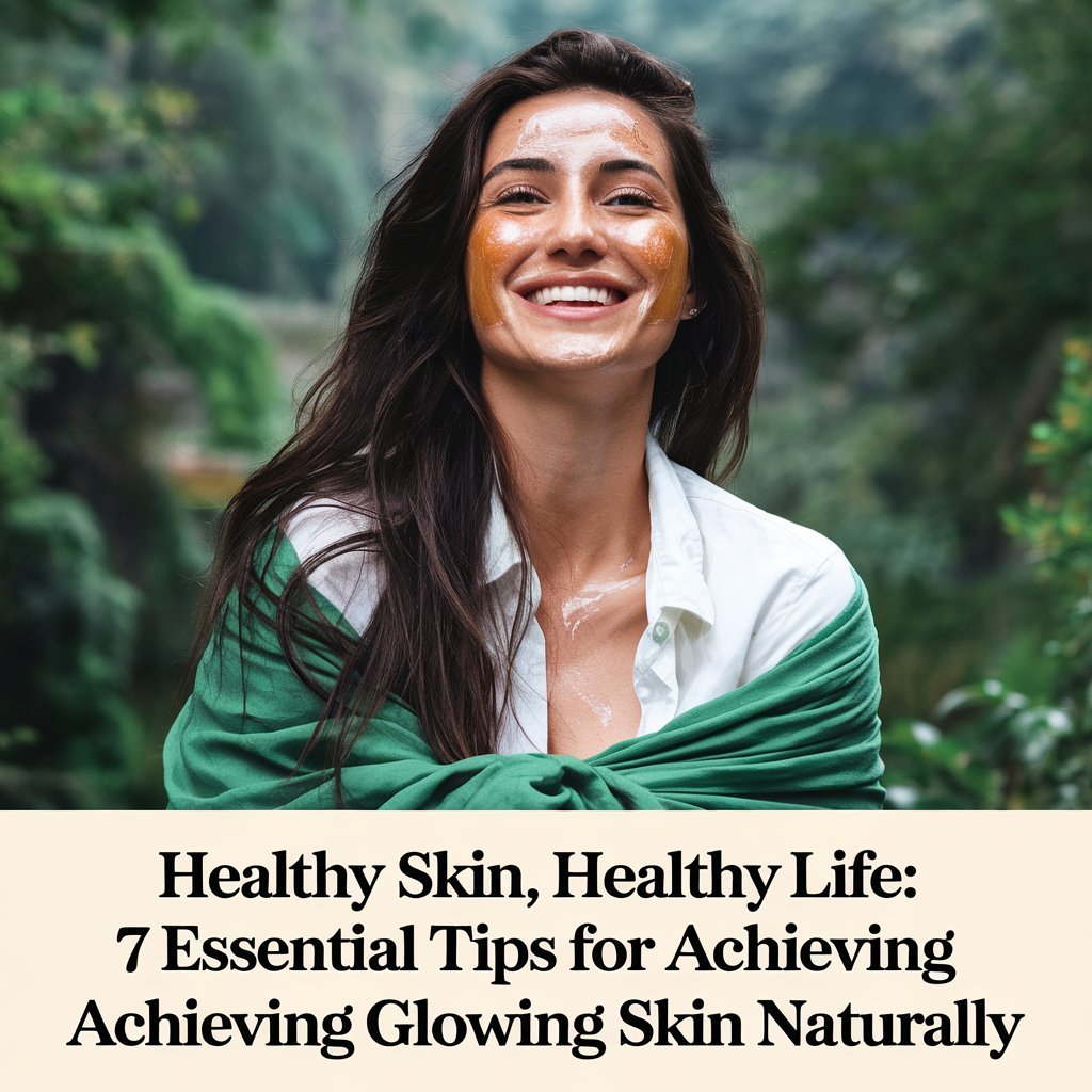 "Glowing skin through healthy lifestyle habits like hydration, balanced diet, exercise, and skincare routine."