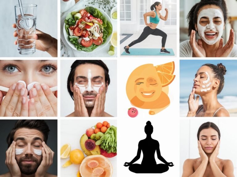 "Healthy lifestyle changes for glowing skin and overall wellness, including hydration, diet, exercise, sleep, and skincare tips."